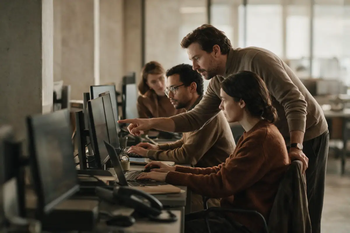 Un equipo pequeño y dedicado trabajando junto en escritorios contiguos