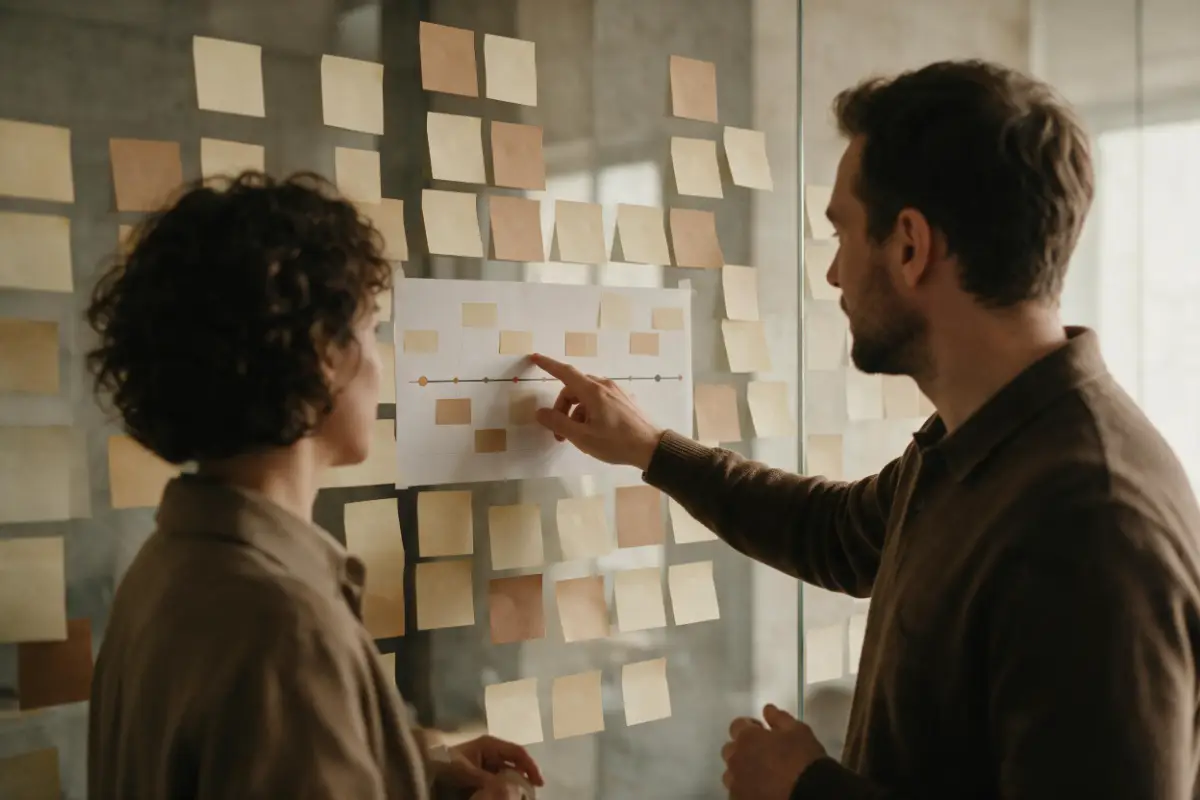 Dos colegas planeando un trabajo sobre una línea de tiempo en un muro de vidrio