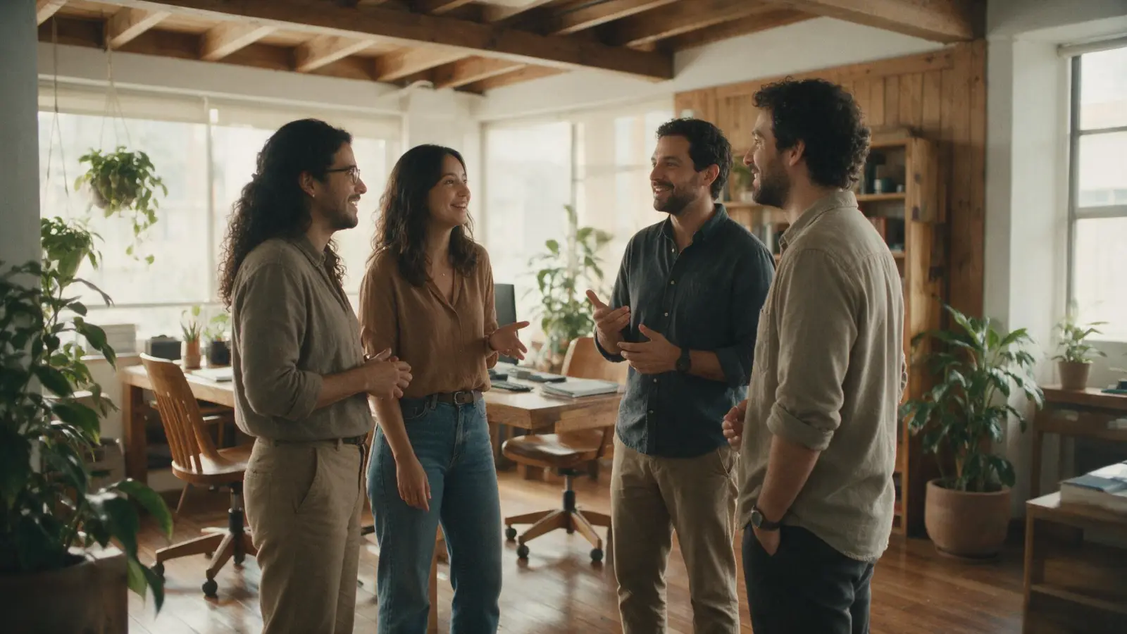 Cuatro personas del equipo conversando en una oficina en Medellín